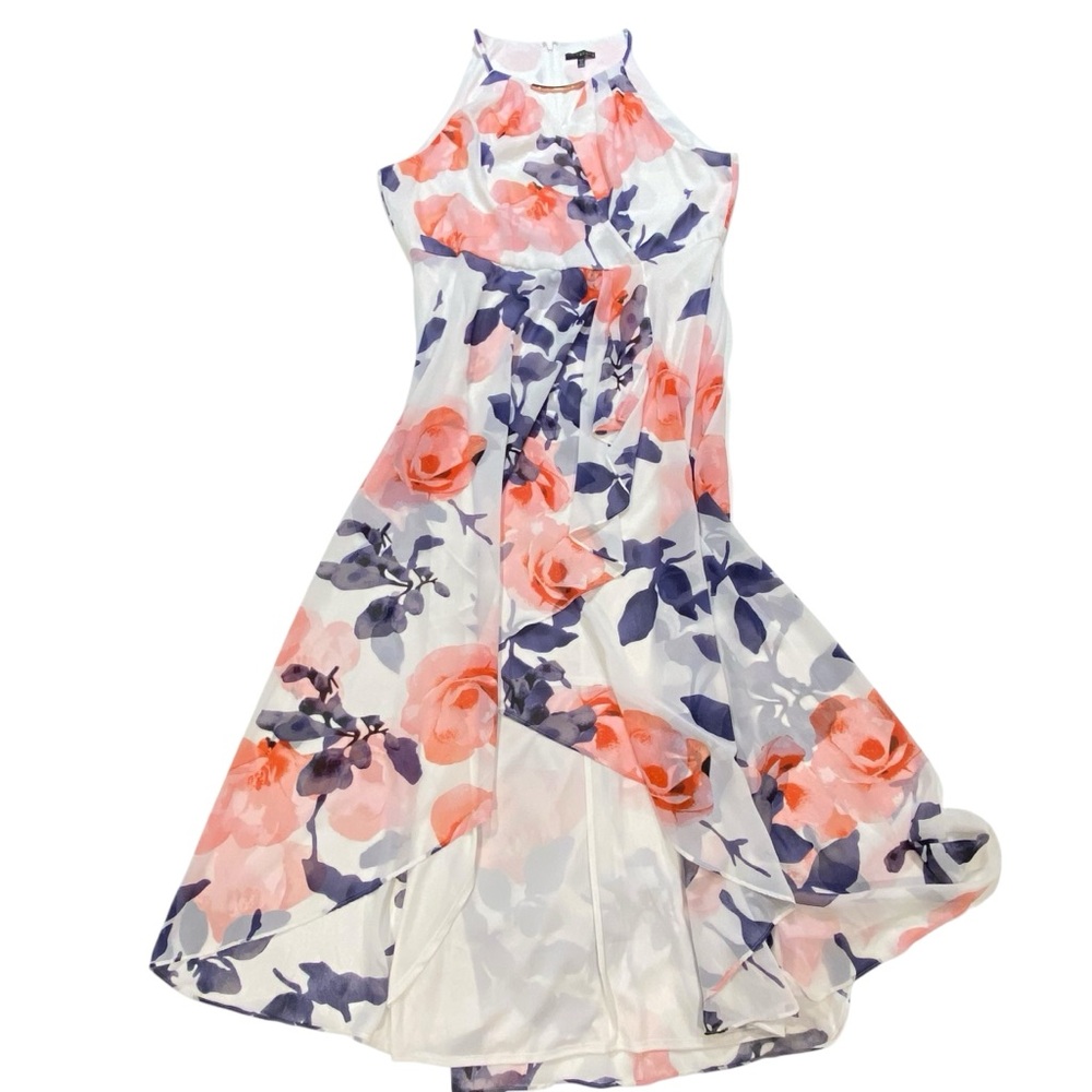 Gorgeous dress Sangria Flowy floral white pink blue asymmetrical sheer plus 18